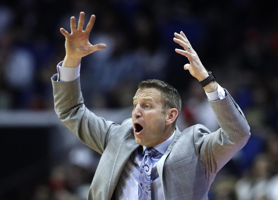 Buffalo head coach Nate Oats reacts to a foul during the second half of a second round men's college basketball game against Texas Tech in the NCAA Tournament Sunday, March 24, 2019, in Tulsa, Okla. Texas Tech won 78-58. (AP Photo/Charlie Riedel)