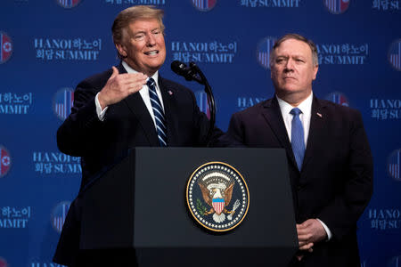 U.S. President Donald Trump accompanied by U.S. Secretary of State Mike Pompeo speaks at a news conference at the JW Marriott Hanoi, following talks with North Korean leader Kim Jong Un in Hanoi, Vietnam, February 28, 2019. Andrew Harnik/Pool via REUTERS