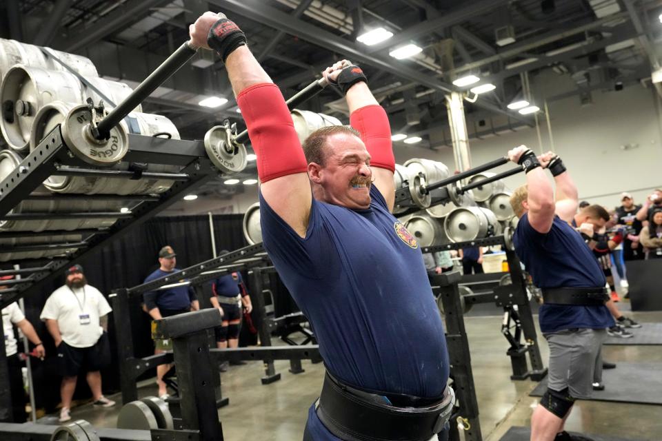 Mar 3, 2023; Columbus, Ohio, USA; Nathan Warfel of Fredrick County Fire and Rescue in Maryland competes during the Worlds Strongest Firefighter Competition at the Arnold Sports Festival.  Mandatory Credit: Brooke LaValley/Columbus Dispatch