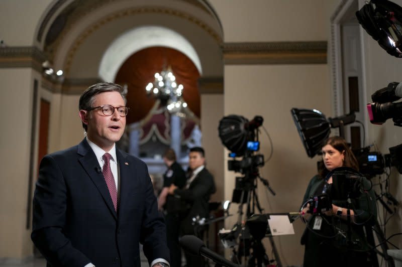 Speaker of the House Mike Johnson, R-La., speaks to Jake Tapper on CNN outside the House Chambers at the U.S. Capitol after the Senate dismissed both articles of impeachment Wednesday against Secretary of Homeland Security Alejandro Mayorkas. Johnson and House GOP leadership said in a statement that "Secretary Mayorkas alongside President Biden has used nearly every tool at his disposal to engineer the greatest humanitarian and national security catastrophe at our borders in American history." Photo by Bonnie Cash/UPI