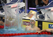 Leon Marchand of France reacts after the Men 200m Medley final at the 19th FINA World Championships in Budapest, Hungary, Wednesday, June 22, 2022. (AP Photo/Anna Szilagyi)