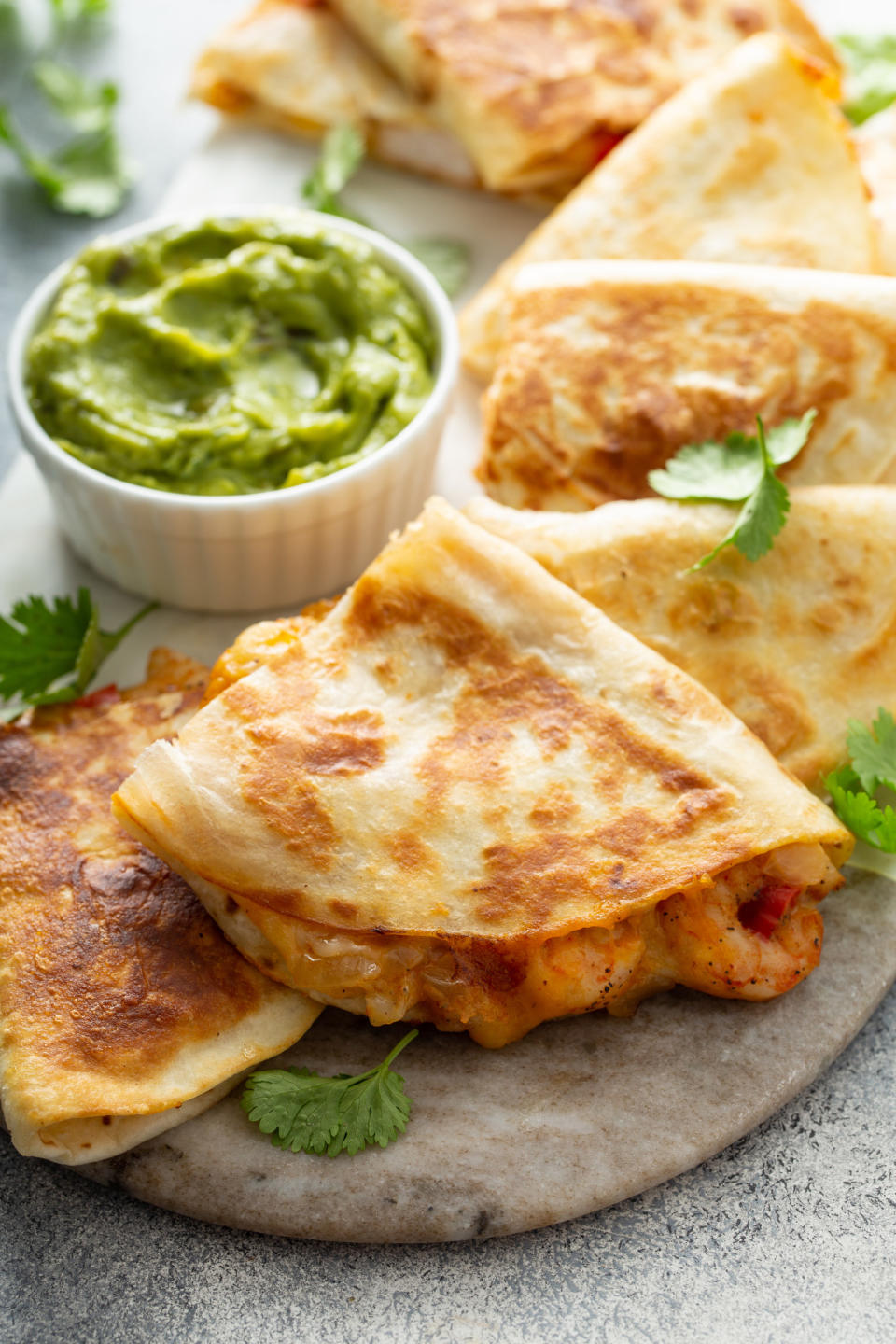 Shrimp quesadillas and guacamole