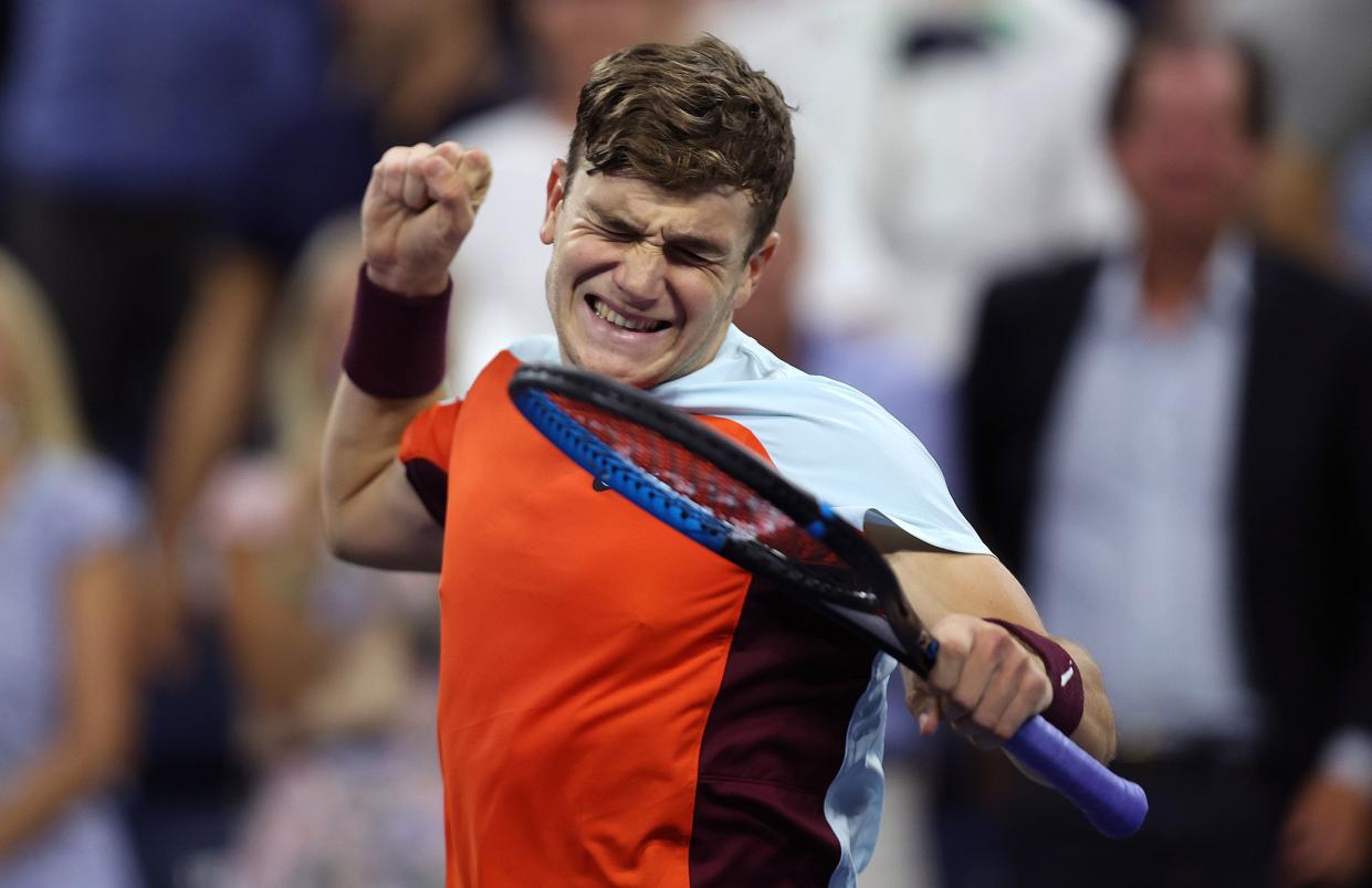 Jack Draper of Great Britain celebrates defeating Felix Auger Aliassime of Canada in their Men's Singles Second Round match on Day Three of the 2022 U.S. Open at USTA Billie Jean King National Tennis Center on Aug. 31, 2022, in Flushing, Queens.