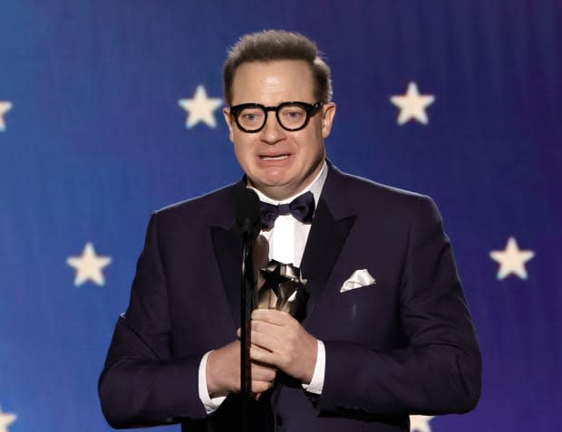 Brendan Fraser accepts the Best Actor award for "The Whale" onstage during the 28th Annual Critics Choice Awards at Fairmont Century Plaza on Jan. 15, 2023, in Los Angeles.<p><a href="https://www.gettyimages.com/detail/1456678429" rel="nofollow noopener" target="_blank" data-ylk="slk:Kevin Winter/Getty Images;elm:context_link;itc:0;sec:content-canvas" class="link ">Kevin Winter/Getty Images</a></p>