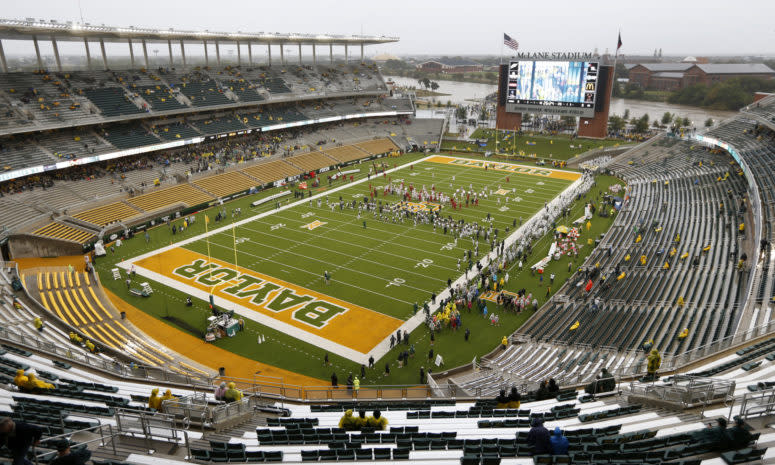 The swollen Brazos River runs just behind the playing field before the Iowa State Cyclones take on the Baylor football program at McLane Stadium. The Bears were supposed to host Houston in Week 3 of the 2020 season.