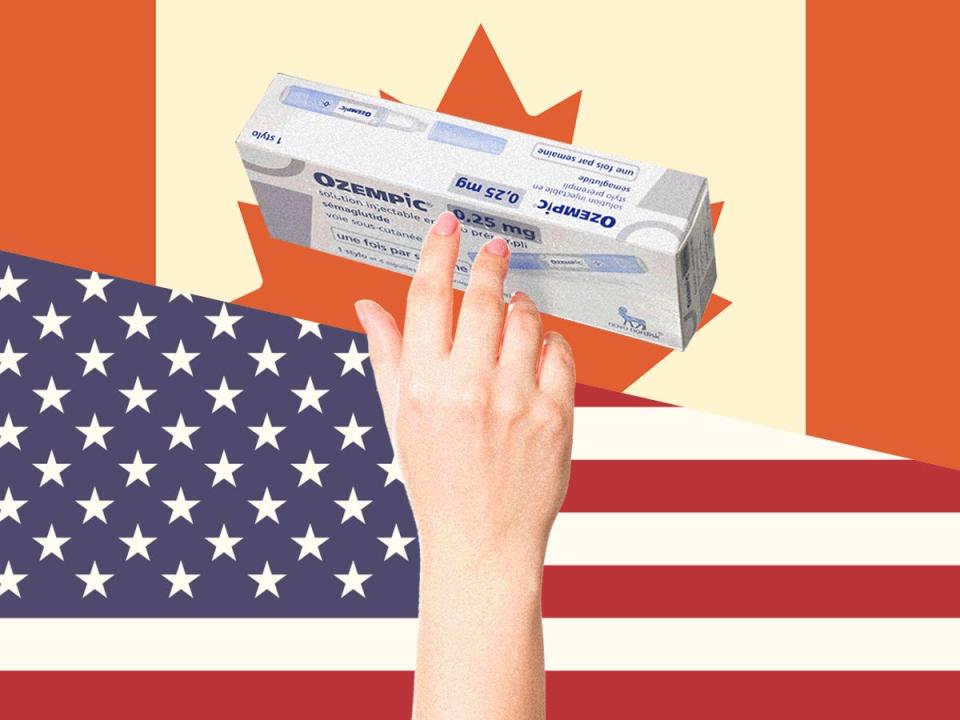 A hand reaching across a US flag to an image of a Canadian flag to grab a box of Ozempic and pull it back over the US flag.