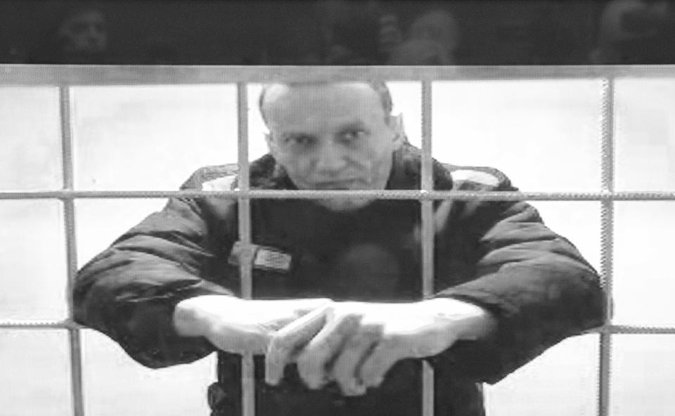 Russian opposition leader Alexei Navalny on a screen via video link, looking through bars in a penal colony.