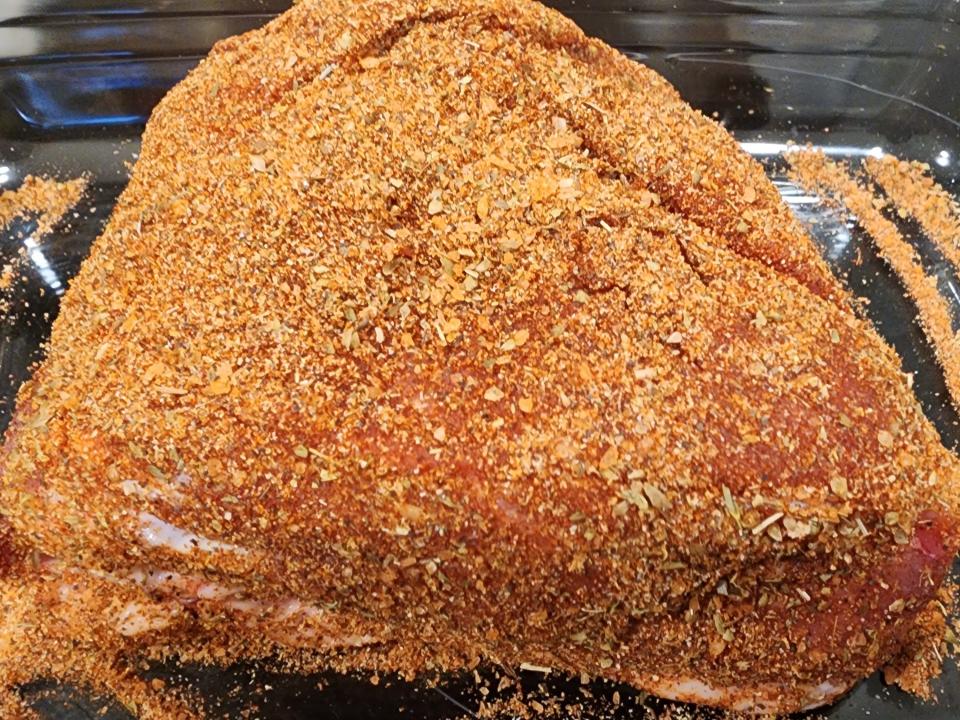 Pork shoulder with dry rub.