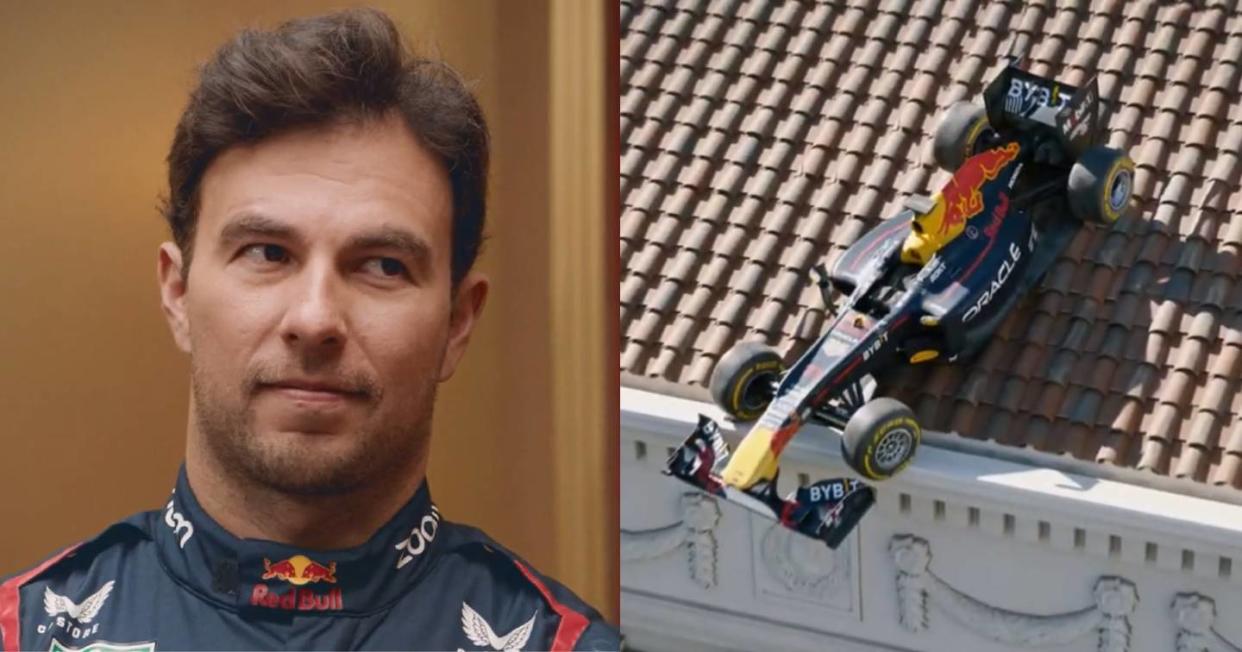 El RB19 de ‘Checo’ Pérez terminó en el techo de un casino de Las Vegas. Foto: Captura de video YouTube Oracle Red Bull Racing 