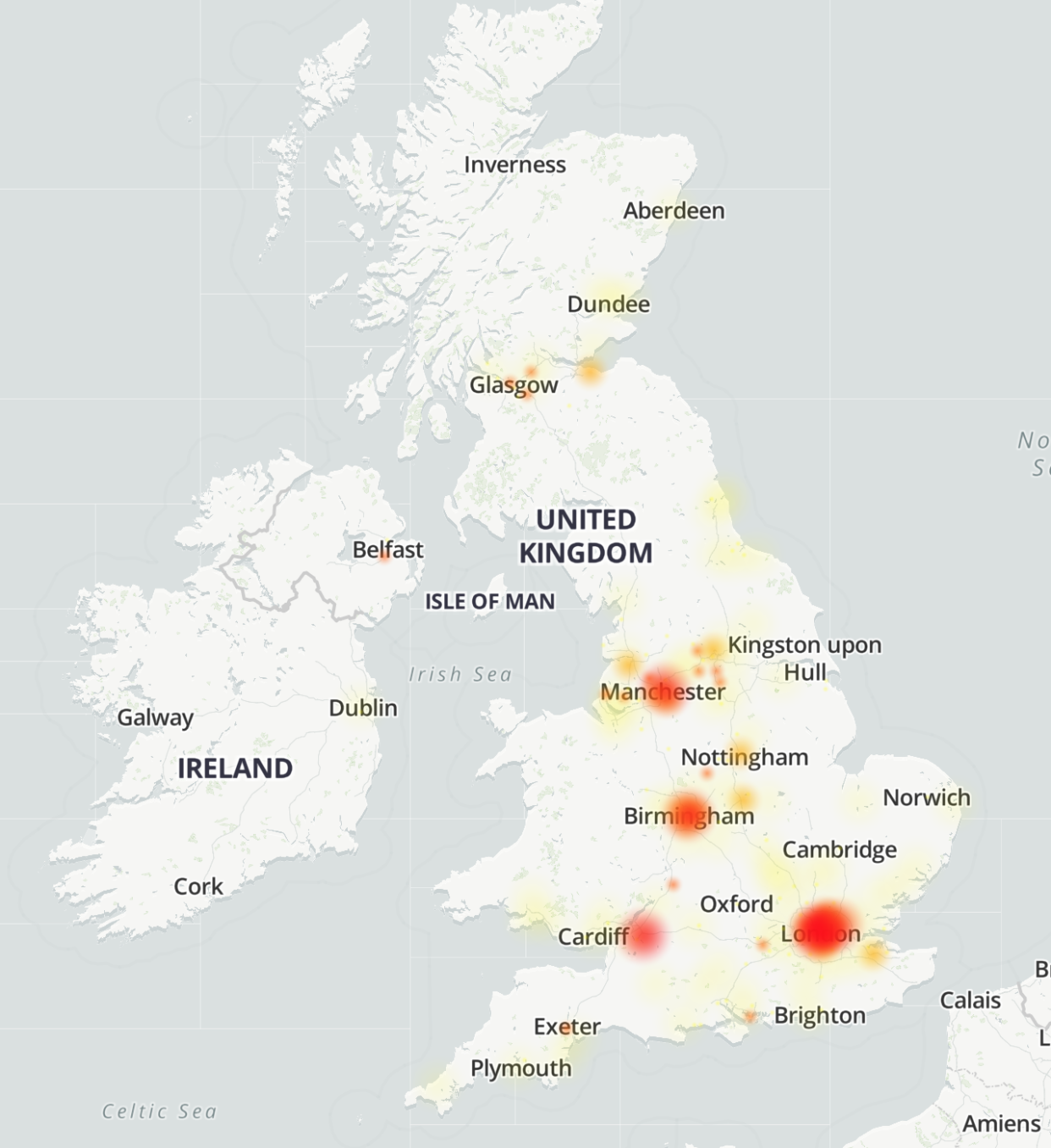 A map showing where user-submitted problem reports were concentrated over the past 24 hours (DownDetector)