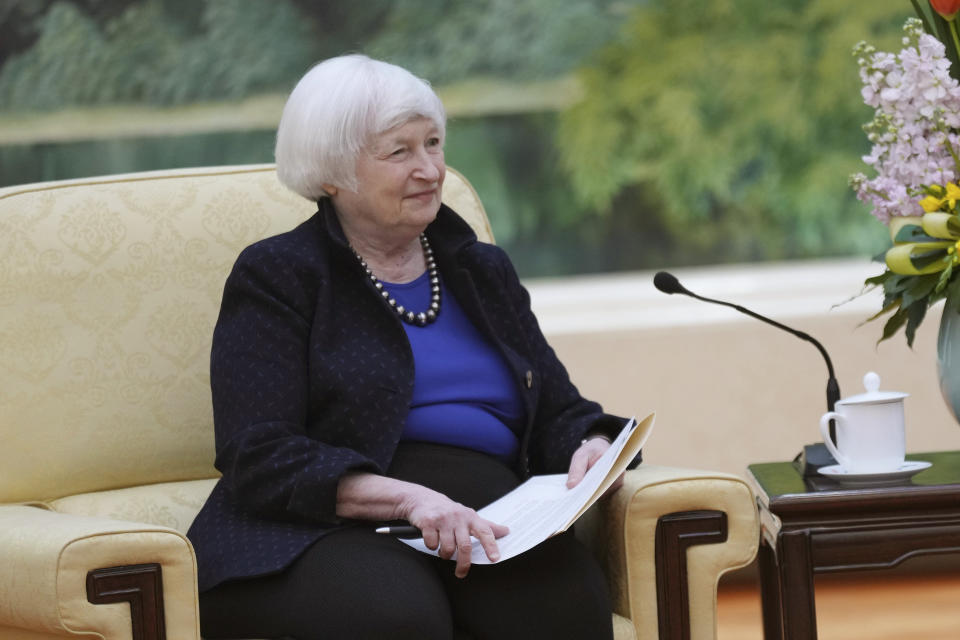 U.S. Treasury Secretary Janet Yellen meets Chinese Premier Li Qiang, unseen, at the Great Hall of the People in Beijing, China, Sunday, April 7, 2024. Yellen, who arrived later in Beijing after starting her five-day visit in one of China's major industrial and export hubs, said the talks would create a structure to hear each other's views and try to address American concerns about manufacturing overcapacity in China. (AP Photo/Tatan Syuflana, Pool)