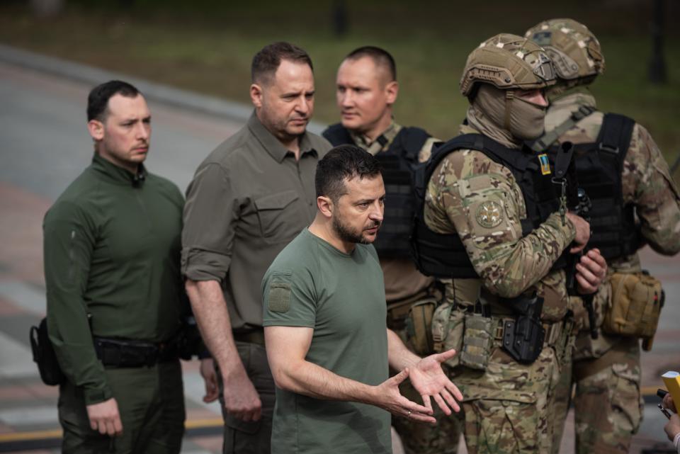 Ukrainian president Volodymyr Zelensky talks to a journalist on 9 September 2022 (Getty Images)