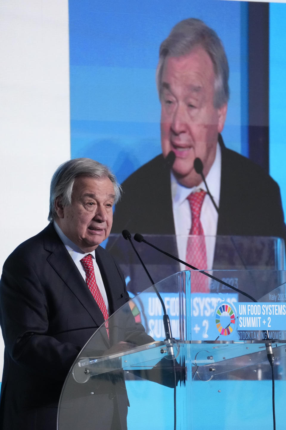 UN Secretary General Antonio Guterres addresses the assembly during the opening session of a three-day U.N. Food and Agriculture Agency's summit on food systems in Rome, Monday, July 24, 2023. (AP Photo/Andrew Medichini)