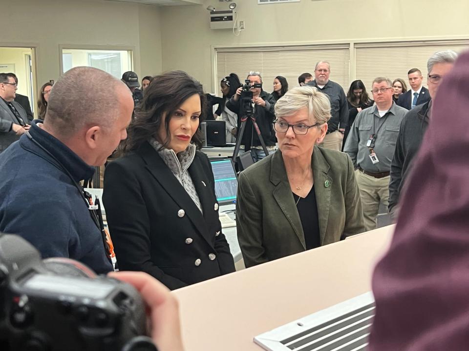 Michigan Gov. Gretchen Whitmer (left) and U.S. Secretary of Energy Jennifer Granholm view a demonstration of a training simulation at the Palisades Nuclear Plant on Wednesday, March 27, 2024, in Covert Township, Mich. The Department of Energy announced it would loan $1.5 billion to reopen the plant.