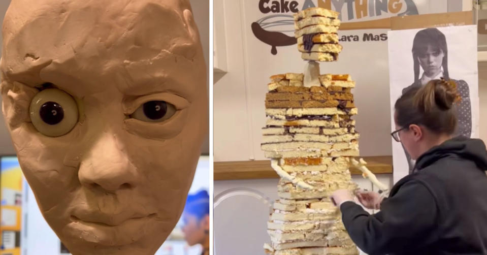 L: Close up of a face made from cake. R: TikTok star Lara Mason carving a Wednesday cake
