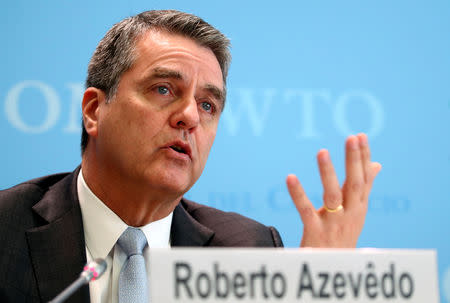 FILE PHOTO: World Trade Organization (WTO) Director-General Roberto Azevedo attends a news conference on the annual global trade forecast at the WTO headquarters in Geneva, Switzerland, April 2, 2019. REUTERS/Denis Balibouse