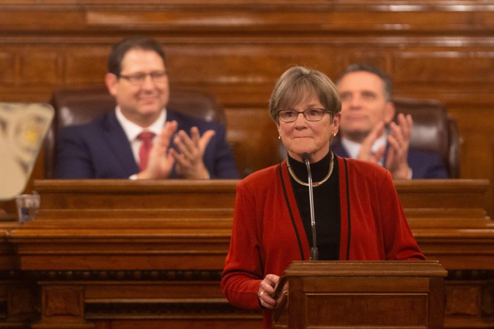 Gov. Laura Kelly is applauded as she begins addressing the Kansas Legislature during Tuesday's State of the State address.