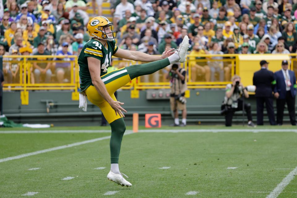 Green Bay Packers Daniel Whelan (41) punts during a preseason NFL football game Saturday, Aug. 26, 2023, in Green Bay, Wis. Gone are kicker Mason Crosby – the franchise’s career scoring leader – and veteran punter Pat O’Donnell. Neither the new kicker, Anders Carlson, or the new punter, Daniel Whelan, has ever appeared in an NFL regular-season game. (AP Photo/Mike Roemer)