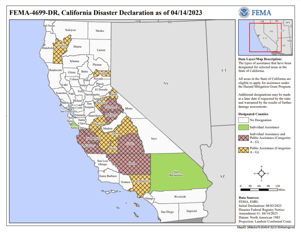 Mapa de la FEMA de los tipos de asistencia que se designaron para zonas seleccionadas del estado de California al 14 de abril de 2023.