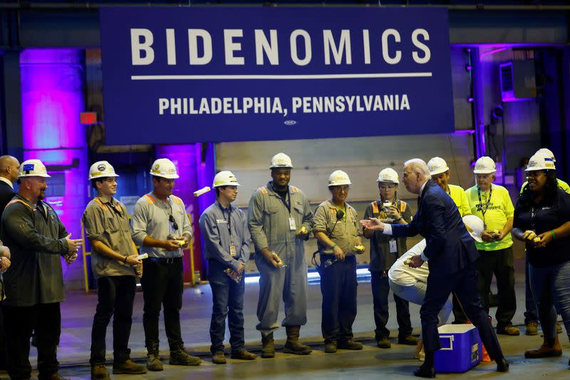 U.S. President Joe Biden participates in a tour of Philly Shipyard in Philadelphia