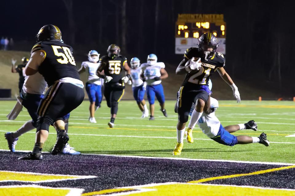 Former Kings Mountain running back Rashaard Brooks runs into the end zone during his team's win over Hunter Huss on March 12, 2021.