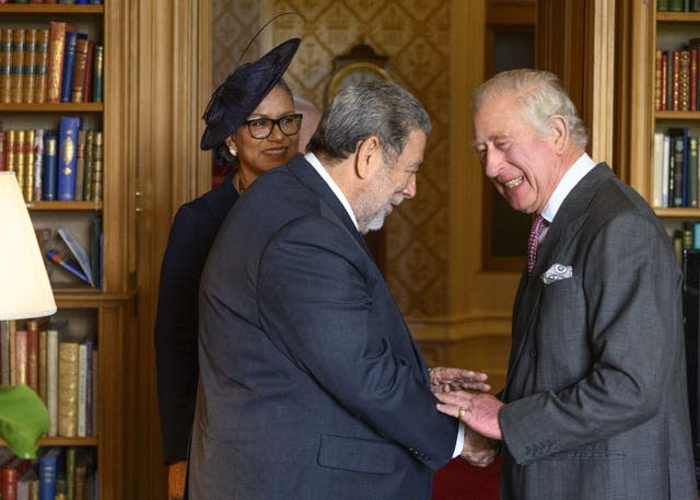 The King during an audience with the Prime Minister of Saint Vincent and the Grenadines, Ralph Gonsalves in 2022 