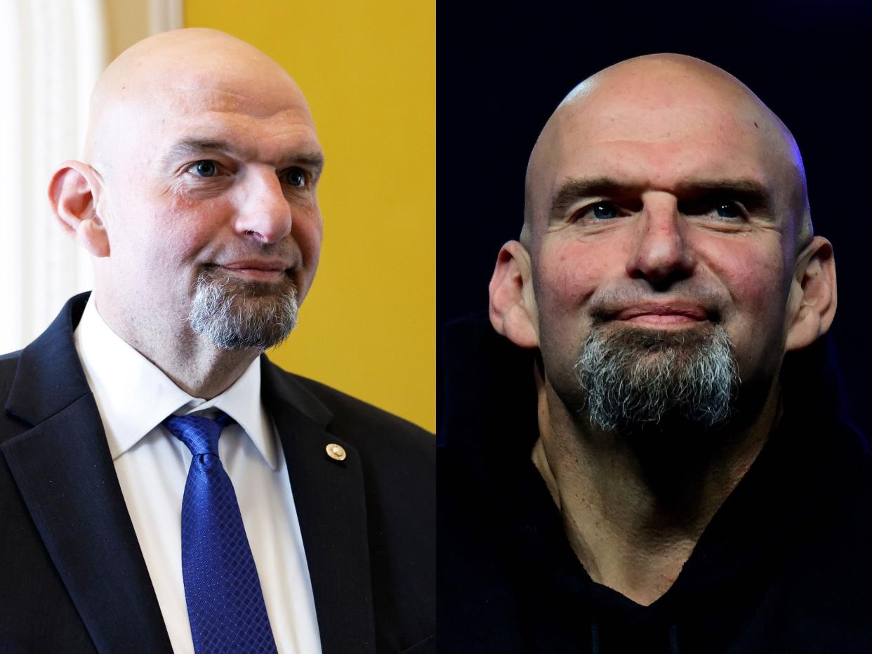 Two images of John Fetterman in suits while smiling