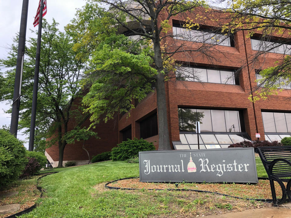 The office building of the State Journal Register is seen, Tuesday, May 14, 2019, in Springfield, Ill. Illinois' capital-city newspaper, a 188-year-old institution tied intimately to Abraham Lincoln, is without a news chief after its editor resigned in hopes of sparing more layoffs, according to a staff writer. Angie Muhs served notice of her resignation on Friday, May 10. (AP Photo/John O'Connor)