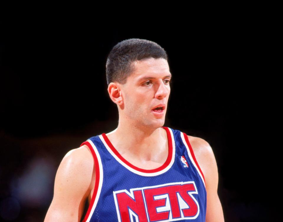 DENVER - 1991-92:  Drazen Petrovic #3 of the New Jersey Nets on the court against the Denver Nuggets during a 1991-92 season game at McNichols Arena in Denver, Colorado. NOTE TO USER: User expressly acknowledges and agress that, by downloading and or using this photograph, User is consenting to the terms and conditions of the Getty Images License Agreement. (Photo by Tim DeFrisco/Getty Images)