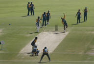 Players of Pakistan Cricket Team attend a practice session for an upcoming test match against South Africa at National Stadium in Karachi, Pakistan, Friday, Jan. 22, 2021. Pakistan will play the first test match on Jan. 26, against South Africa, which arrived in the southern port city of Karachi last Saturday for the first time in nearly 14 years. (AP Photo/Fareed Khan)