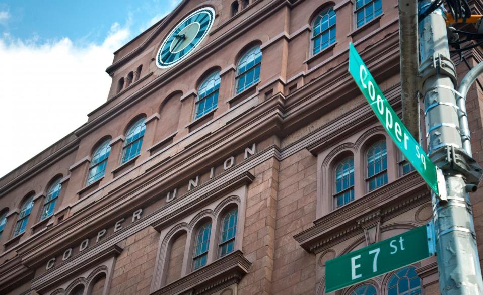 PHOTO: A detail of Cooper Union's Foundation Building shows its location in the East Village, April 23, 2015, in New York.  (Bebeto Matthews/AP, FILE)