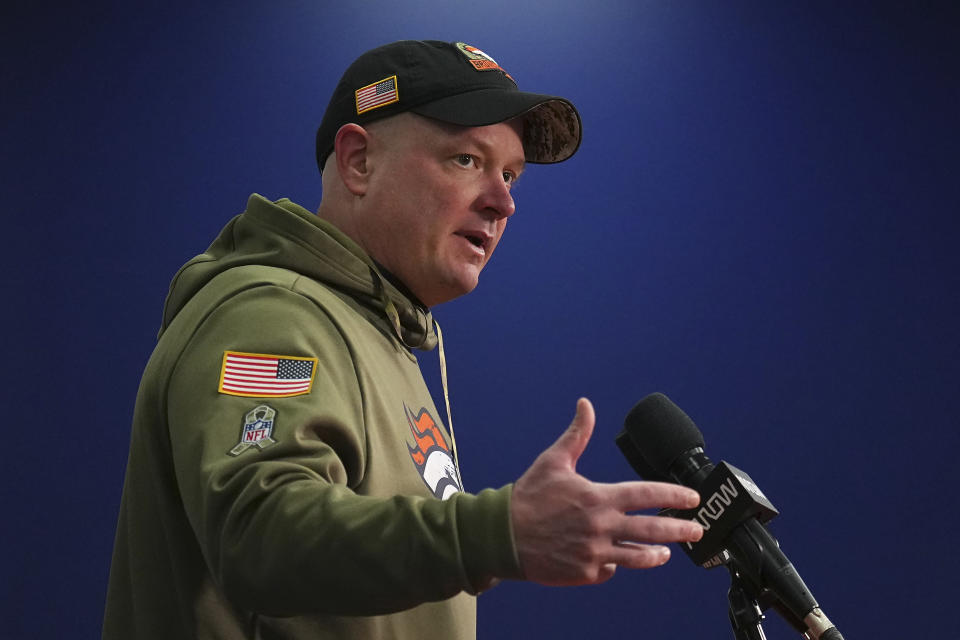 Denver Broncos head coach Nathaniel Hackett speaks at a news conference after an NFL football game against the Las Vegas Raiders in Denver, Sunday, Nov. 20, 2022. (AP Photo/Jack Dempsey)