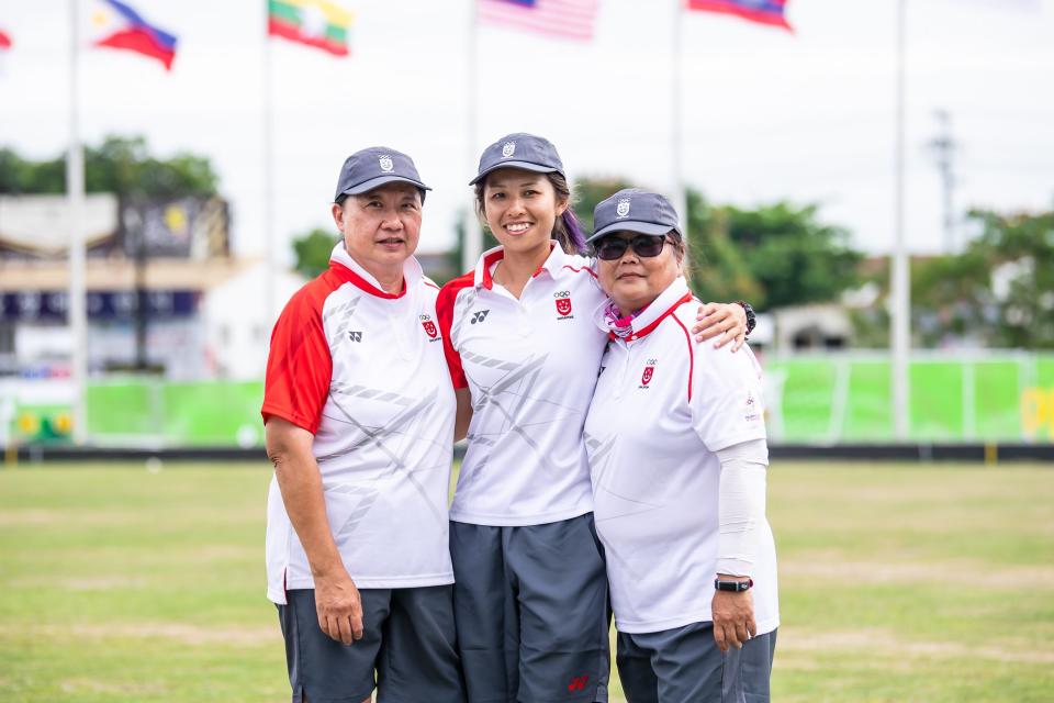 Singapore's lawn bowls women's triples team of (from left) Goh Quee Kee, Shermeen Lim and Lim Poh Eng won the Republic's first ever SEA Games gold in the sport. (PHOTO: SNOC/Andy Chua)