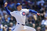 Chicago Cubs starting pitcher Hayden Wesneski delivers during the first inning of a baseball game against the Milwaukee Brewers Friday, May 3, 2024, in Chicago. (AP Photo/Charles Rex Arbogast)