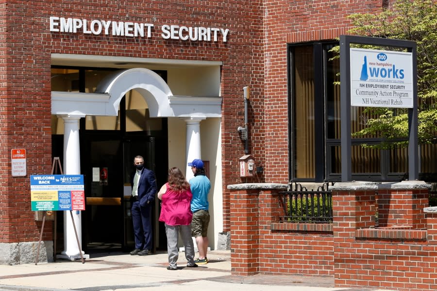 <sub>FILE – Job seekers line up outside the New Hampshire Works employment security job center, Monday, May 10, 2021, in Manchester, N.H. (AP Photo/Mary Schwalm, File)</sub>