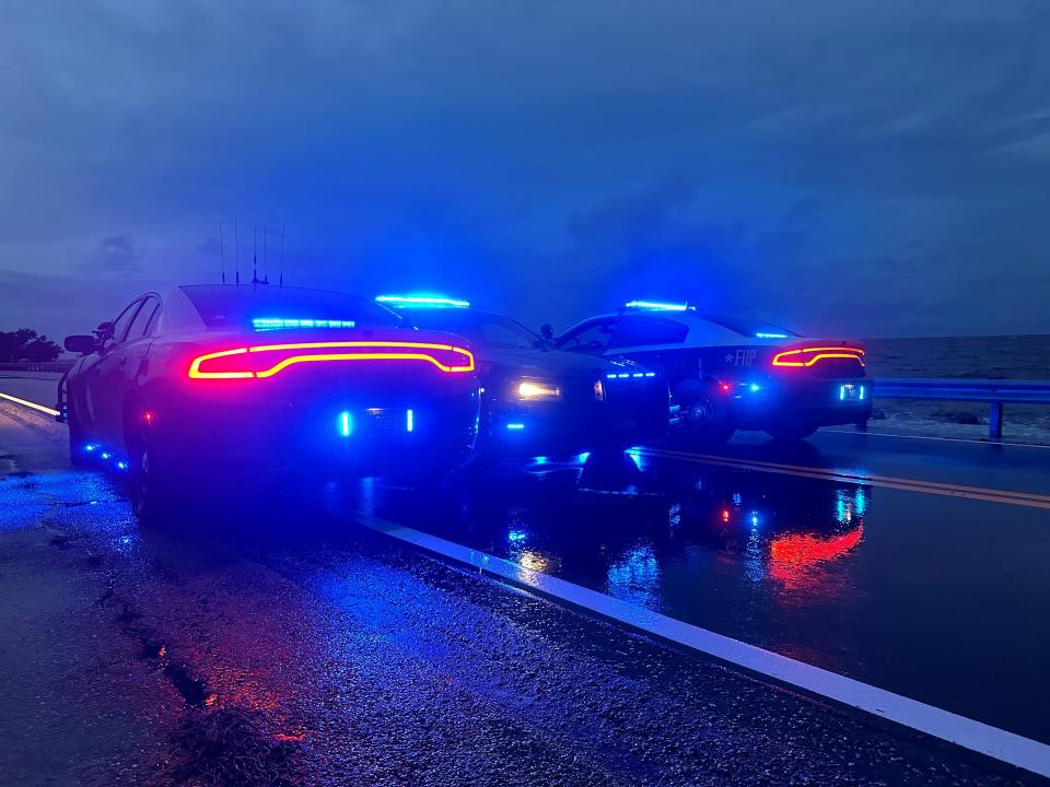 FHP Tampa patrol cars sit on the Skyway bridge (FHP Tampa)