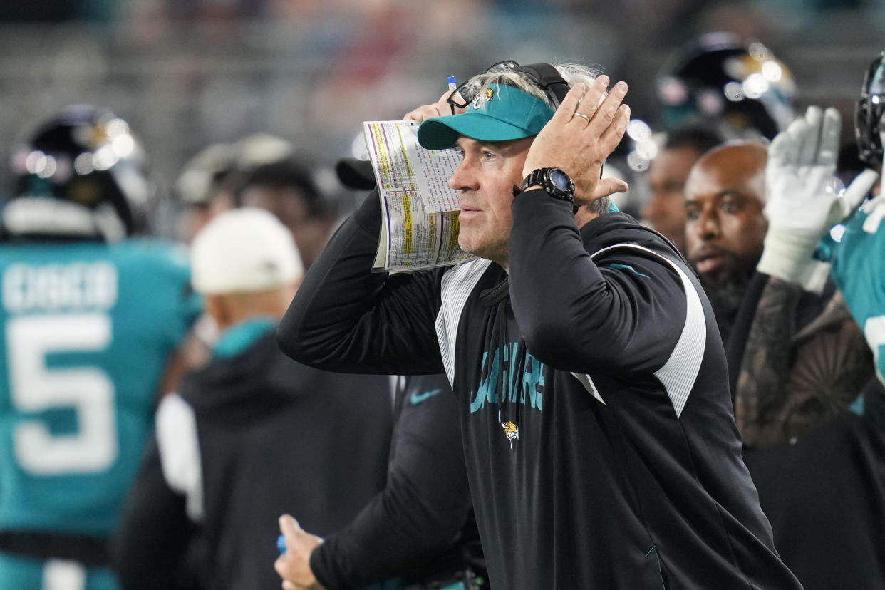 Jacksonville Jaguars head coach Doug Pederson watches from the sideline in the second half of an NFL football game against the Tennessee Titans, Saturday, Jan. 7, 2023, in Jacksonville, Fla. (AP Photo/John Raoux)