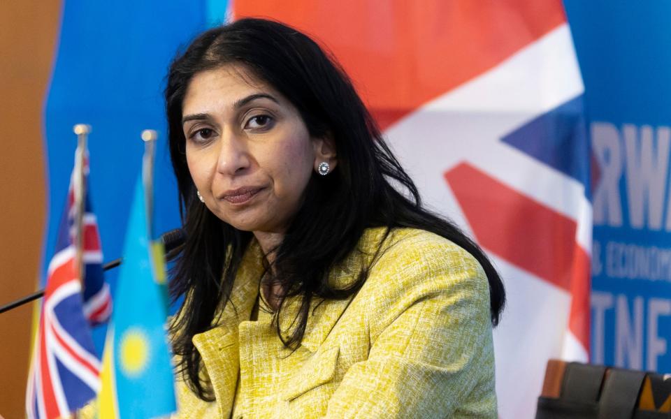 Former Home Secretary Suella Braverman at a press conference in Kigali, the capital of Rwanda on March 18, 2023
