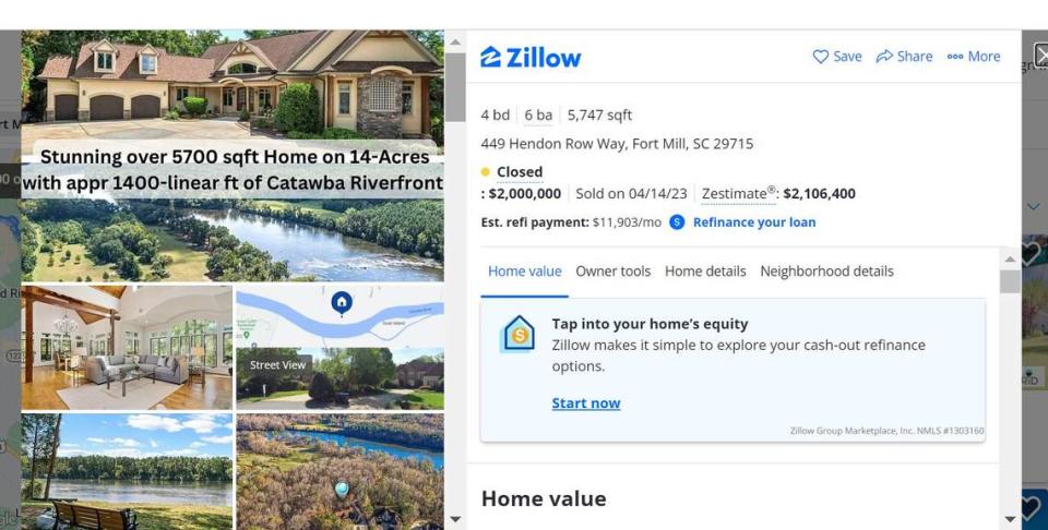 A Hendon Row home in Fort Mill sold last year for $2 million. Zillow screengrab