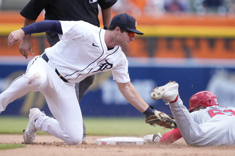 St. Louis Cardinals' Michael Siani is caught stealing by Detroit Tigers second baseman Colt Keith during the sixth inning of a baseball game, Wednesday, May 1, 2024, in Detroit. (AP Photo/Carlos Osorio)