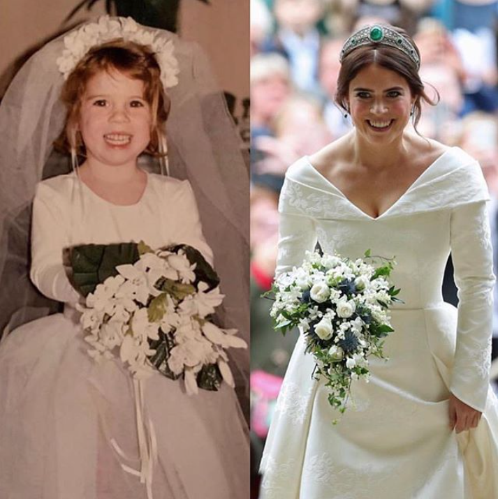 Turns out, Eugenie has been dreaming of her wedding day for quite a while! She shared a <a href="https://people.com/royals/princess-eugenie-shares-throwback-photo-wedding-dress/" rel="nofollow noopener" target="_blank" data-ylk="slk:side-by-side shot;elm:context_link;itc:0;sec:content-canvas" class="link ">side-by-side shot</a> of her as a kid and then at her October nuptials to Jack Brooksbank. In the snap of her as a little girl, she appears to have predicted her bridal look — Eugenie wears a white dress, floral headband and carries a bouquet of flowers as she grins for the camera. To the left, her smile shows as she walks into St. George’s Chapel at Windsor Castle for her walk down the aisle. “Same same but different,” she captioned the post, adding the hashtag #tbt.
