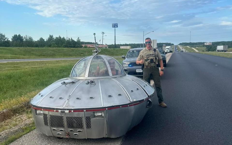 UFO-style car pulled over by police on motorway