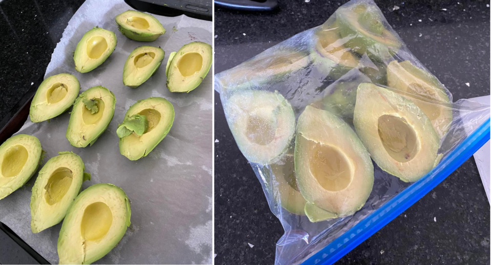 Avocados cut up on a kitchen bench (left) and in a freezer bag (right).