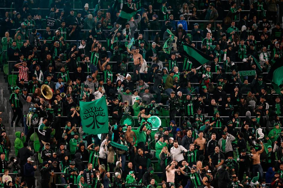 Nov 3, 2021; Austin, Texas, USA; Austin FC fans in the first half against Sporting Kansas City at Q2 Stadium.