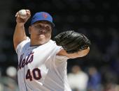 New York Mets starting pitcher Bartolo Colon delivers in the first inning against the St. Louis Cardinals in a baseball game in New York, Thursday, April 24, 2014. (AP Photo/Kathy Willens)