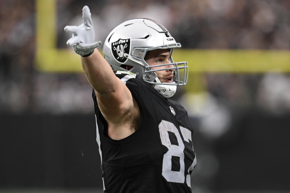 Oct 15, 2023; Paradise, Nevada, USA; Las Vegas Raiders tight end Michael Mayer (87) celebrates a first down against the <a class="link " href="https://sports.yahoo.com/nfl/teams/new-england/" data-i13n="sec:content-canvas;subsec:anchor_text;elm:context_link" data-ylk="slk:New England Patriots;sec:content-canvas;subsec:anchor_text;elm:context_link;itc:0">New England Patriots</a> in the first quarter at Allegiant Stadium. Mandatory Credit: Candice Ward-USA TODAY Sports