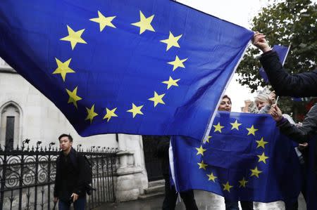 People hold European Union flags outside the High Court in Central London, October 17, 2016. REUTERS/Stefan Wermuth