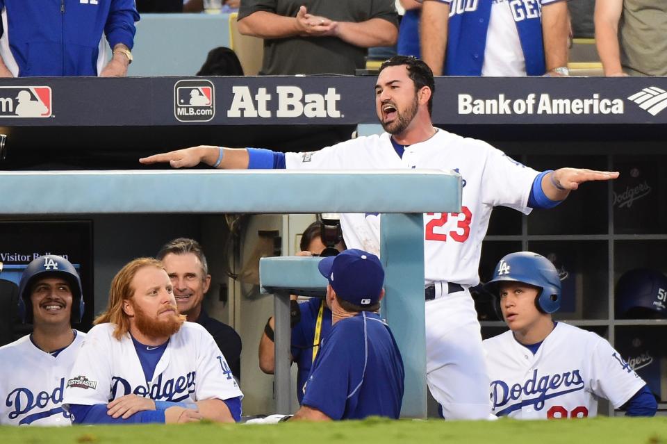 Adrian Gonzalez makes it obvious what he thought the call should be. (Getty Images)
