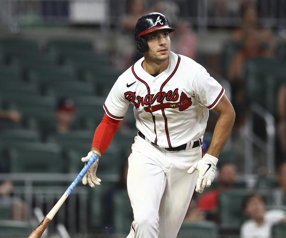 Atlanta Braves first baseman Matt Olson hits a 2-run homer against the San Francisco Giants during the ninth inning of a baseball game on Tuesday, June 21, 2022, in Atlanta. Olson also had a 3-run homer in the third inning but the Braves still came up short in a 12-10 loss. (Curtis Compton Atlanta Journal-Constitution via AP)