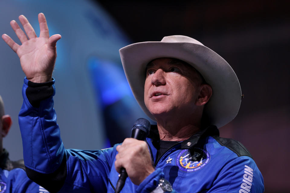 VAN HORN, TEXAS - JULY 20: Jeff Bezos speaks about his flight on Blue Origin’s New Shepard into space during a press conference on July 20, 2021 in Van Horn, Texas. Mr. Bezos and the  crew that flew with him were the first human spaceflight for the company. (Photo by Joe Raedle/Getty Images)